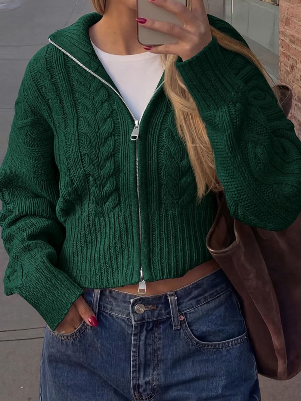 Dark Green Cable-Knit Zip Front Cardigan Sweater